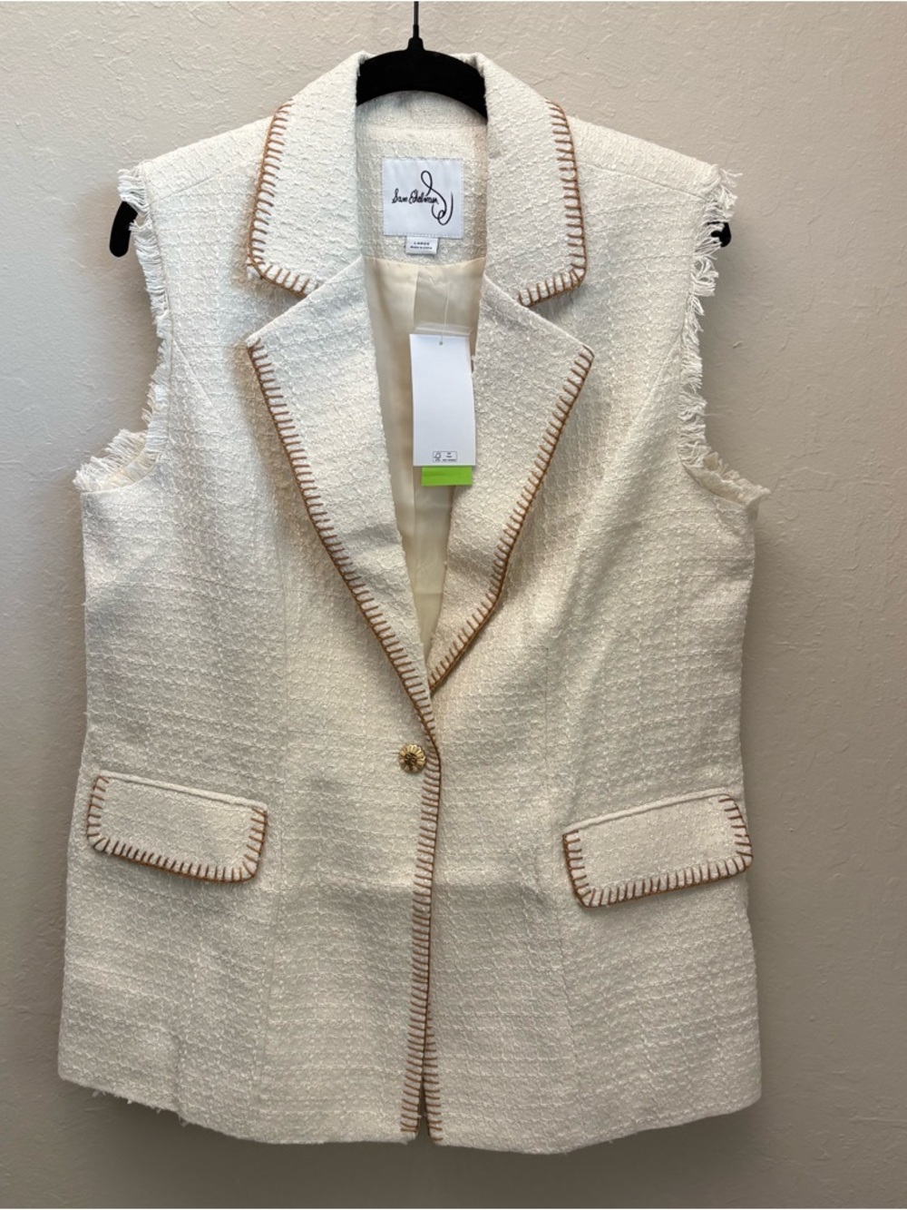 Sam Edelman Ivory Tweed Sleeveless Blazer Vest with Tan Trim, Large, NEW w/ tags